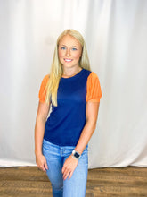 Load image into Gallery viewer, Navy &amp; Orange Puff Sleeve Top

