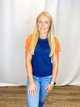 Load image into Gallery viewer, Navy &amp; Orange Puff Sleeve Top
